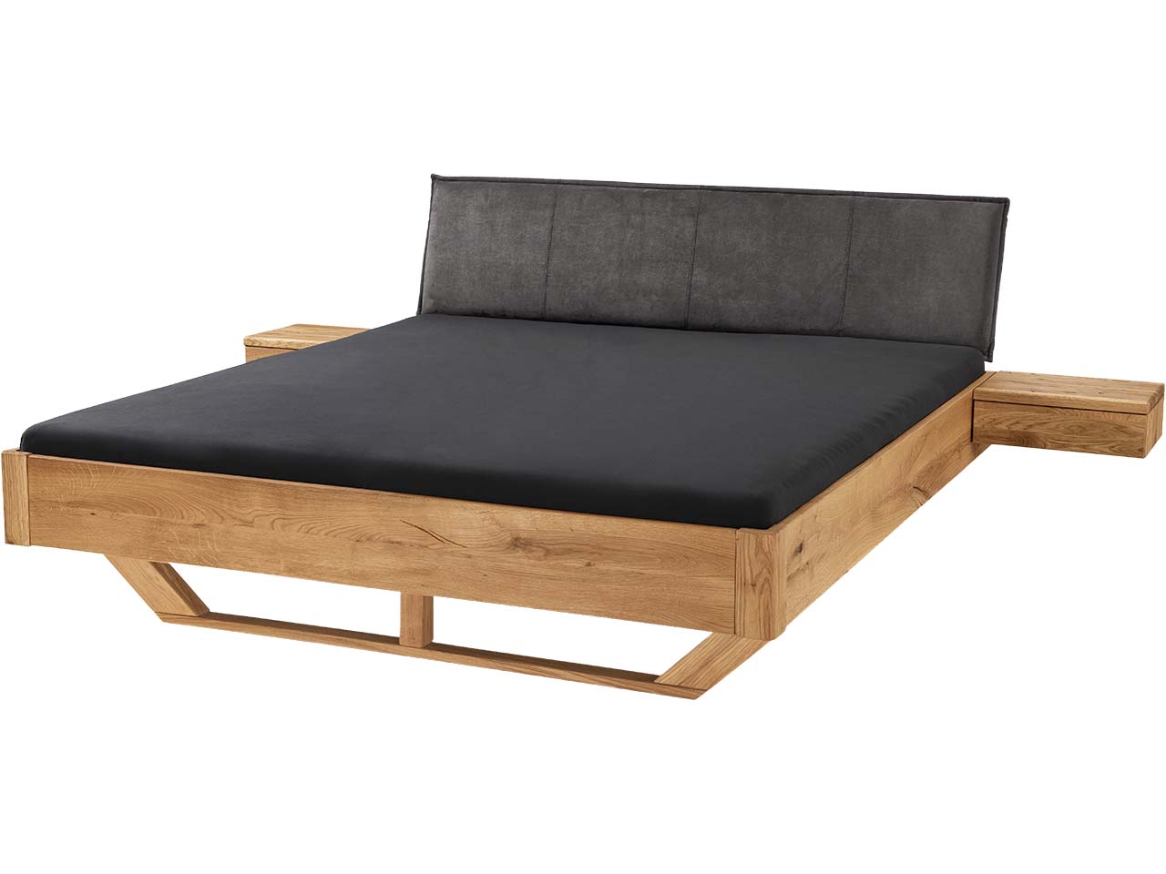 Massivholzbett "Bolle" mit Holzkufen und Polsterkopfteil, 200 x 200, Wildeiche